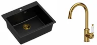 Zlewozmywaki z baterią - Quadron Zlewozmywak granitowy jednokomorowy 57*50*22 cm MORGAN 110 PURE CARBON czarny ze złotym odpływem z baterią RACHEL Q LINE kolor złoty - miniaturka - grafika 1