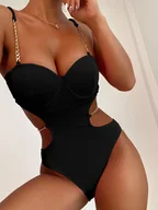 Stroje kąpielowe - Jednoczęściowy strój kąpielowy z łańcuszkami - Czarny M - miniaturka - grafika 1
