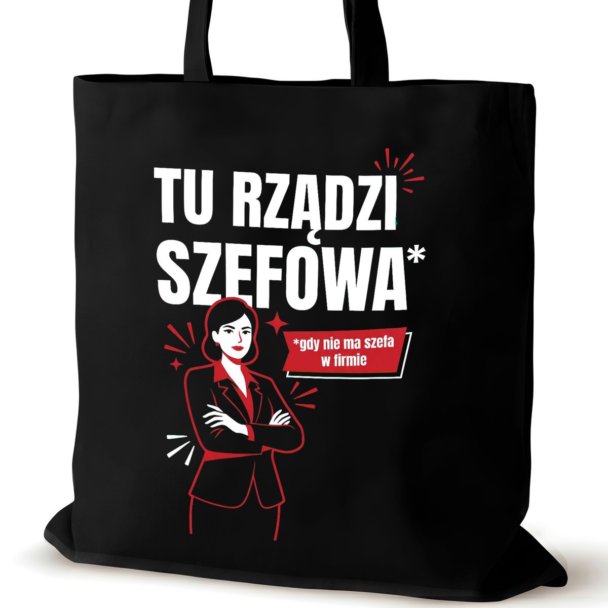 Torba bawełniana dla szefowej na ramię czarna duża prezent biura tu rządzi