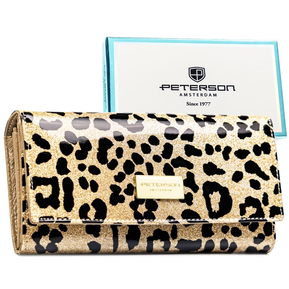 Duży portfel damski na karty PETERSON ochrona RFID lakierowany modny wzór skóra naturalna i ekologiczna złoty