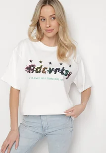 Biały Oversizowy T-shirt z Napisem z Przodu i Gwiazdami na Plecach Ilanlith - Koszulki i topy damskie - miniaturka - grafika 1