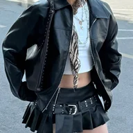 Kurtki damskie - TEMU Elegancka Kurtka Damska na Zamek – Jednokolorowy Płaszcz Zimowy z Kołnierzem, Pranie Maszynowe, PU, Ciepły Blazer na Jesień/Zimę do Stylu - miniaturka - grafika 1