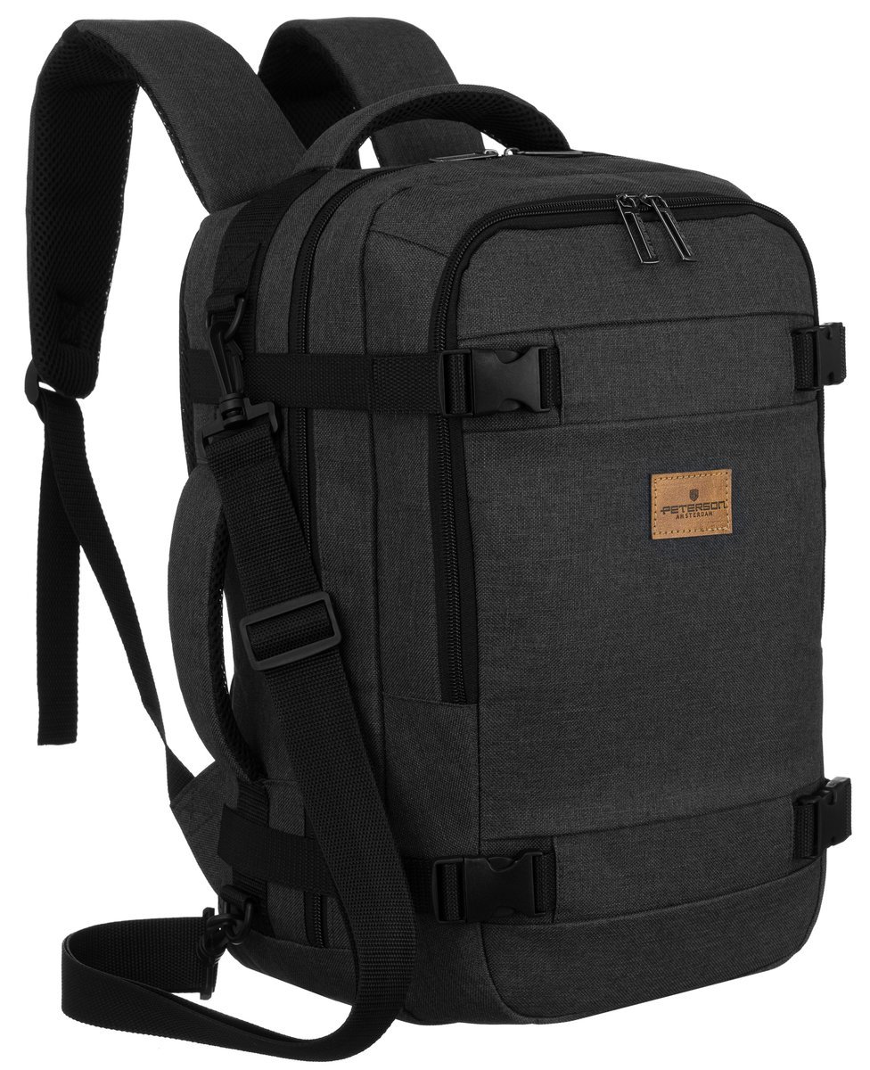 Plecak do samolotu 40x25x20 Peterson bagaż podręczny kabinowy Wizzair Ryanair torba z uchwytem na walizkę ergonomiczny ciemny szary