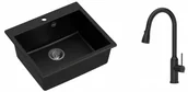 Zlewozmywaki z baterią - Quadron Zlewozmywak granitowy jednokomorowy 57*50*22 cm MORGAN 110 PURE CARBON czarny ze stalowym odpływem z baterią JESSICA Q LINE PURE CARBON z wyciąganą wylewką i funkcją prysznica kolor czarny mat - miniaturka - grafika 1