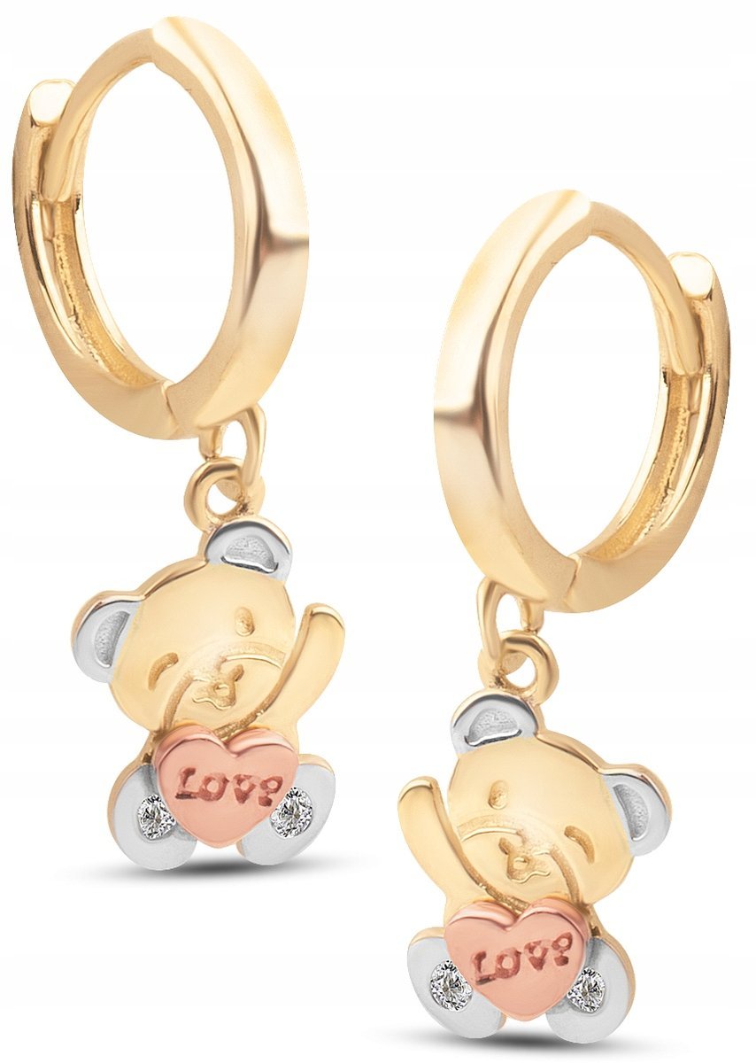 DAMSKIE ZŁOTE KOLCZYKI KÓŁECZKA Z MISIAMI TEDDY CYRKONIE 14KT 585