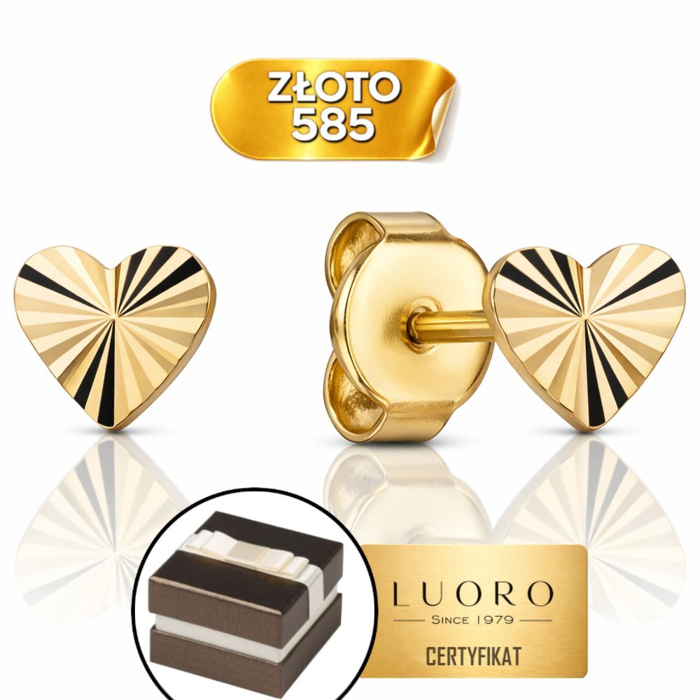 KOLCZYKI ZŁOTE 585 14K MAŁE SERCA DIAMENTOWANE SZTYFT 5 MM ELEGANCKIE