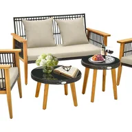 Meble ogrodowe - 5-częściowy zestaw mebli ogrodowych z drewna akacjowego, ławka ogrodowa i 2 krzesła ogrodowe i 2 stoliki kawowe, poduszki na siedzisko i oparcie, - miniaturka - grafika 1