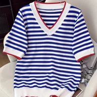 Swetry damskie - TEMU Damski swobodny top z dekoltem w kształcie litery V - Letni 2025 koszulka z krótkim rękawem w paski w niebiesko-białych odcieniach, miękki - miniaturka - grafika 1