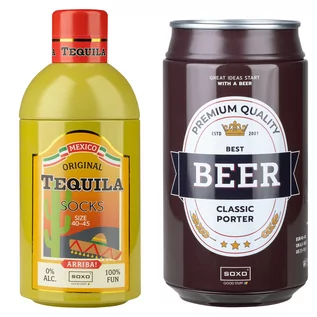 Skarpetki męskie - Zestaw 2x Skarpetki męskie kolorowe SOXO GOOD STUFF Tequila w butelce i piwo w puszce śmieszne bawełniane - grafika 1