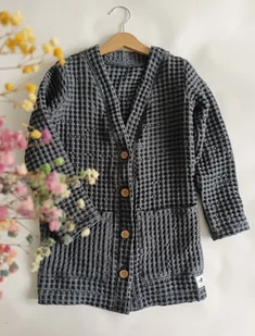 Kardigan z wafelka lnianego - ciemny jeans - Swetry dla dziewczynek - miniaturka - grafika 1