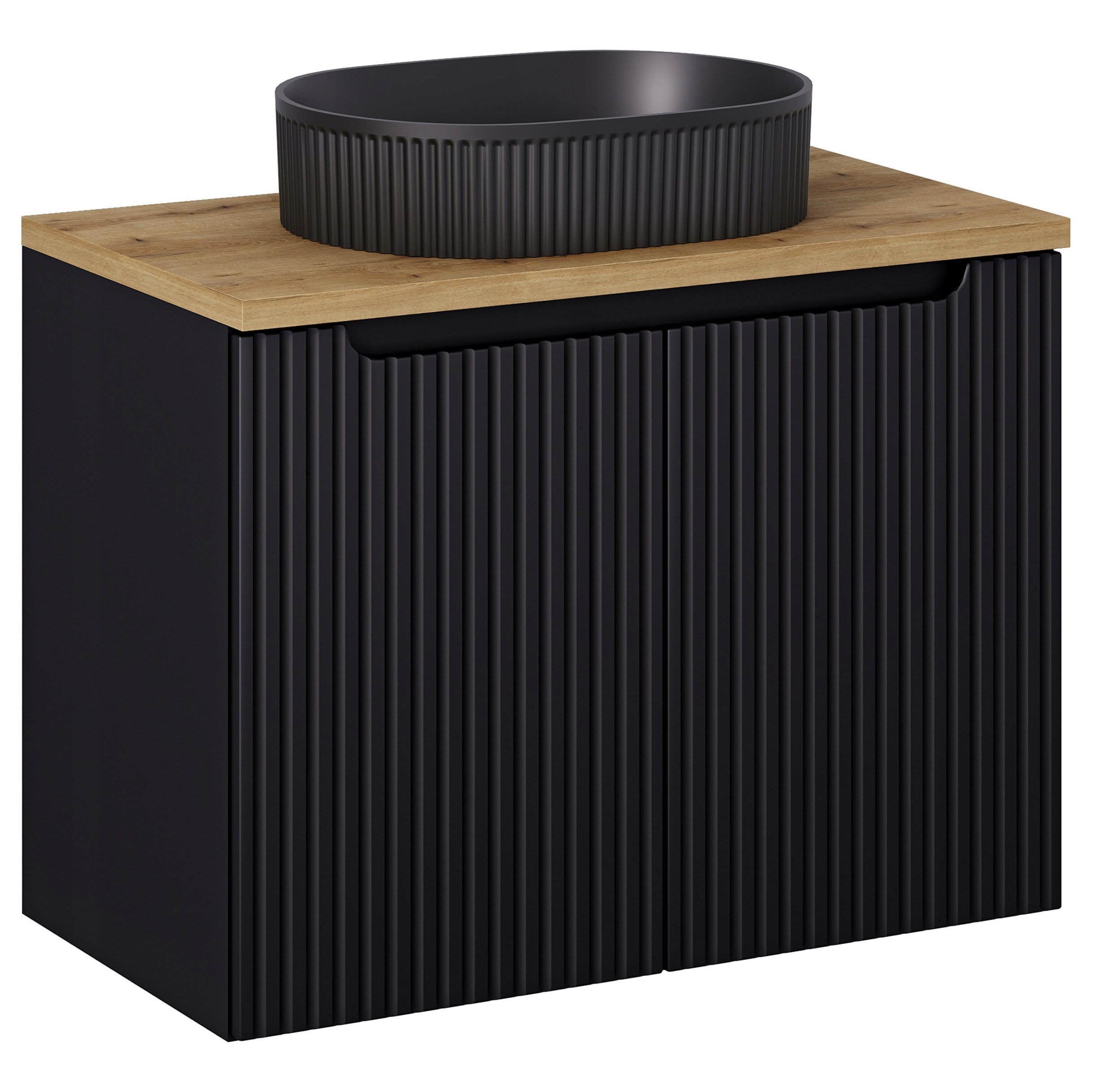 CZARNA RYFLOWANA szafka łazienkowa NOVA BLACK z umywalką i blatem OAK 80 cm