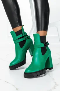 Zielone botki skórzane na słupku z czarnym łańcuchem PRODUKT POLSKI Casu 8174-37 - Botki damskie - miniaturka - grafika 1