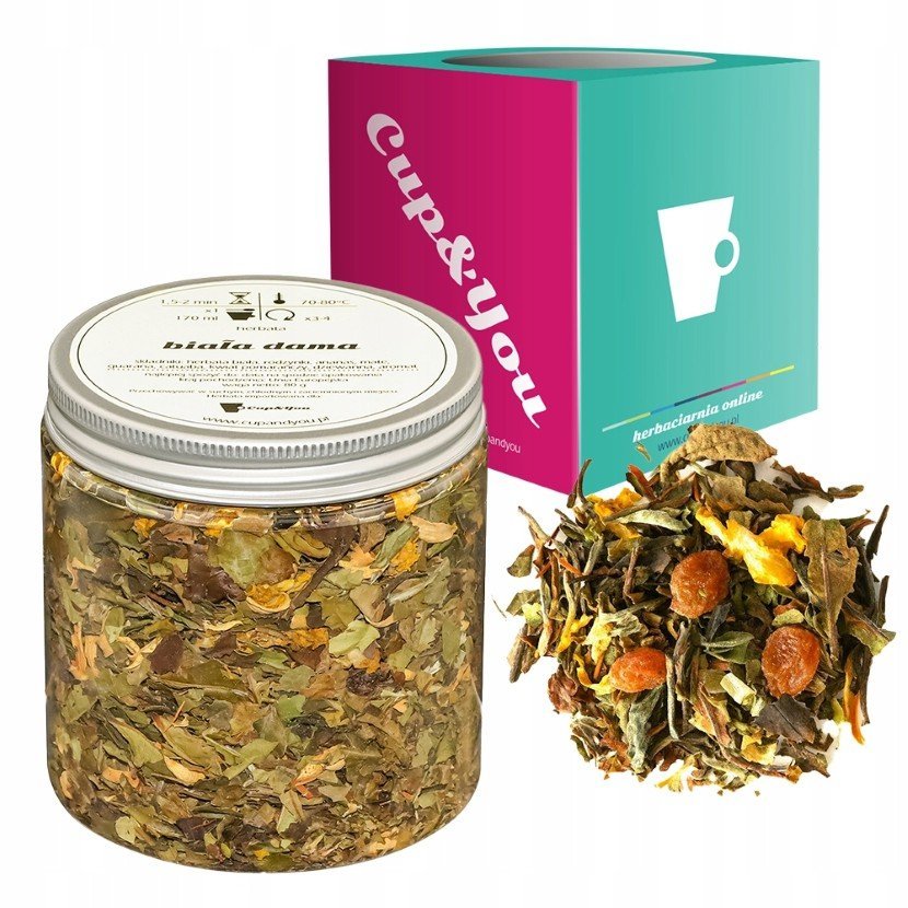 Herbata biała BIAŁA DAMA ananas kwiat pomarańczy dziewanna rodzynki 80g - sypana liściasta herbata PREMIUM na prezent upominek Cup&You