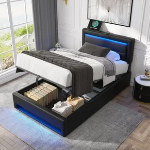 Łóżko tapicerowane Flieks 90x200cm z USB, łóżko na sprężynach hydraulicznych z LED, łóżko młodzieżowe ze stelażem listwowym, łóżko pojedyncze drewniane, PU, czarne - Łóżka - miniaturka - grafika 1