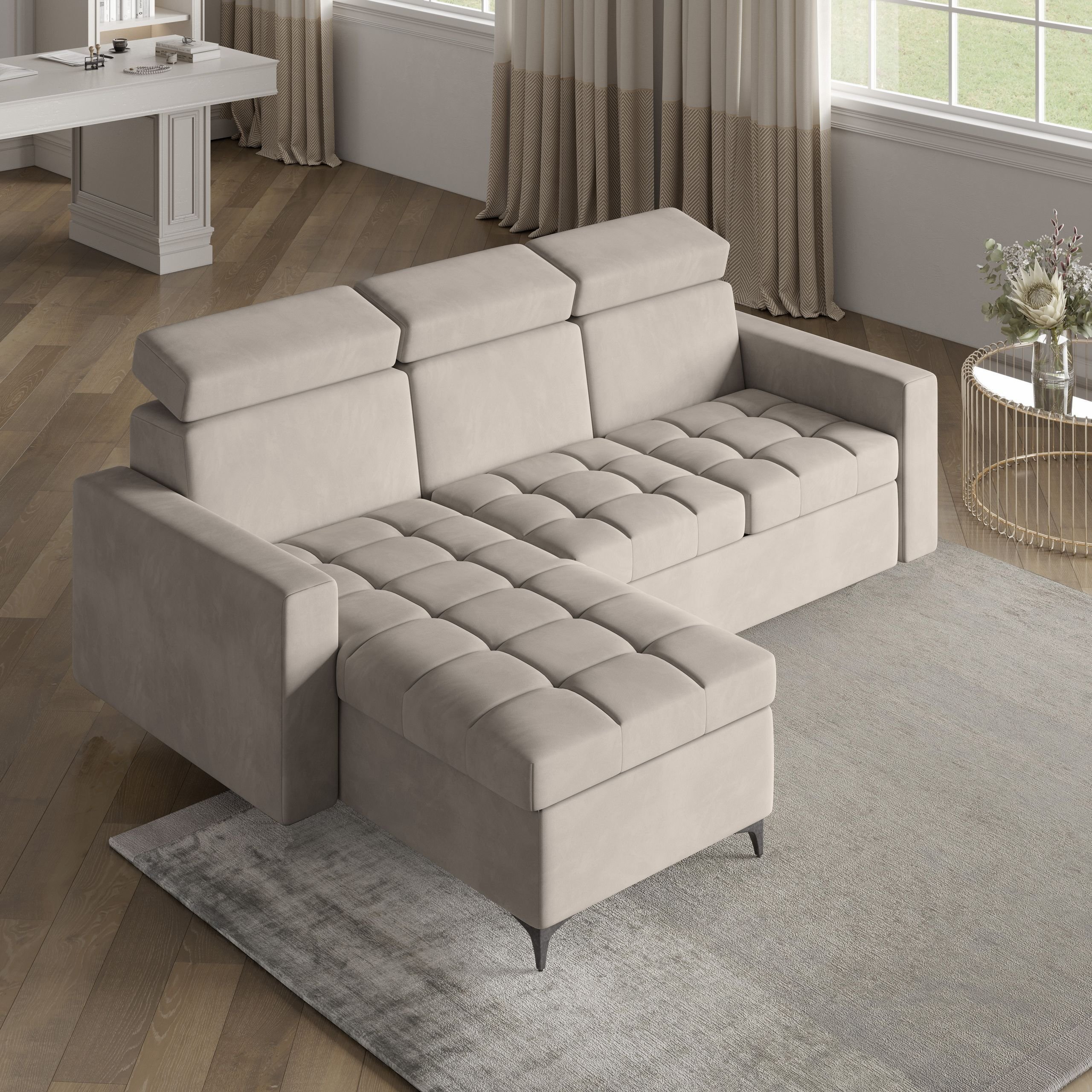 Masseno Narożnik KAME z funkcją spania i pojemnikiem na pościel Kształt L, Rozkładana sofa, Rogówka - Beżowy, PAROS 02