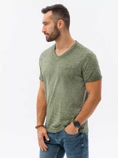 Koszulki męskie - T-shirt męski z kieszonką - oliwkowy melanż V9 S1388 - grafika 1