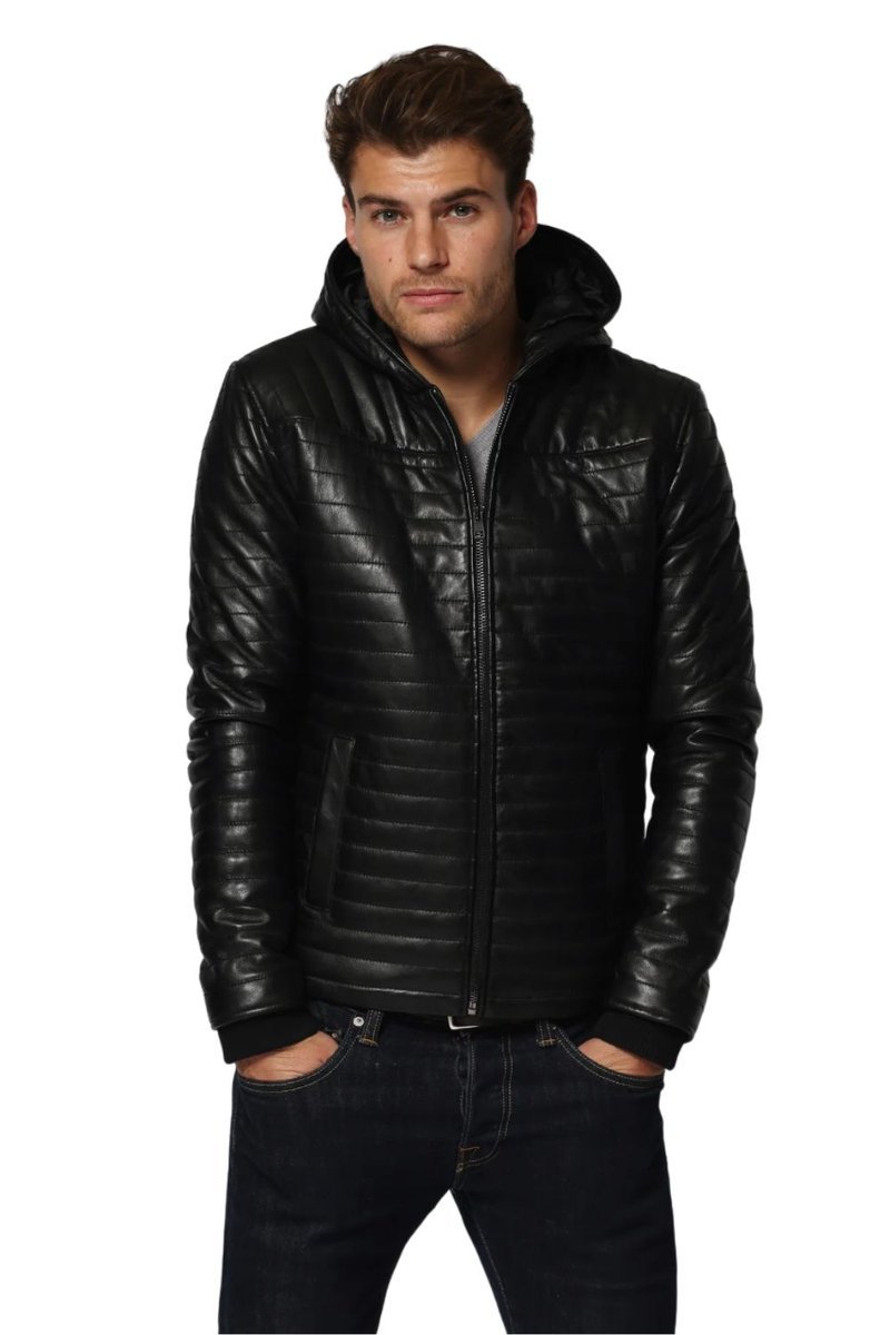 Kurtka męska Chyston Carpate skórzana czarna pikowana z kapturem-L
