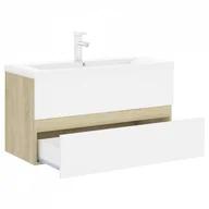 Szafki łazienkowe - Lumarko Szafka z wbudowaną umywalką, biel i dąb sonoma, płyta wiórowa - miniaturka - grafika 1