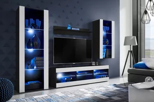 Meblościanka /Blue LED/ BIAŁY / Czarny / Dąb Wotan - Meble do sypialni - miniaturka - grafika 1