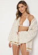 Swetry damskie - Beżowe Bawełniane Ponczo z Wiązaniem Cekinami i Haftem Nalizia - miniaturka - grafika 1