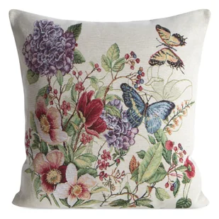 Poszewka dekoracyjna gobelin SPRING2 45x45 Eurofirany naturalna czerwona niebieska kwiaty motyle - Poszewki na poduszki - miniaturka - grafika 1