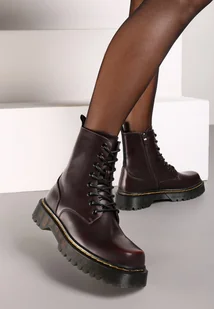 Bordowe Ocieplone Botki Workery na Grubej Podeszwie ze Sznurowaniem Cretine - Botki damskie - miniaturka - grafika 1