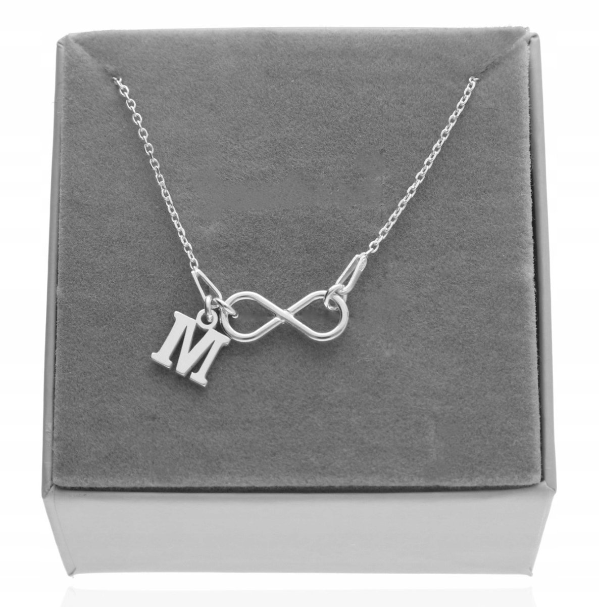 Srebrny naszyjnik nieskończoność infinity literka PUDEŁKO SREBRO 925