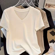 Bluzki damskie - TEMU Zestaw 3 damskich koszulek z krótkim rękawem i dekoltem w serek, uniwersalne, codzienne T-shirty w jednolitym kolorze - miniaturka - grafika 1