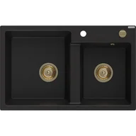 Zlewozmywaki - Mexen Tomas zlewozmywak granitowy 2-komorowy 800 x 500 mm, czarny, syfon złoty - miniaturka - grafika 1