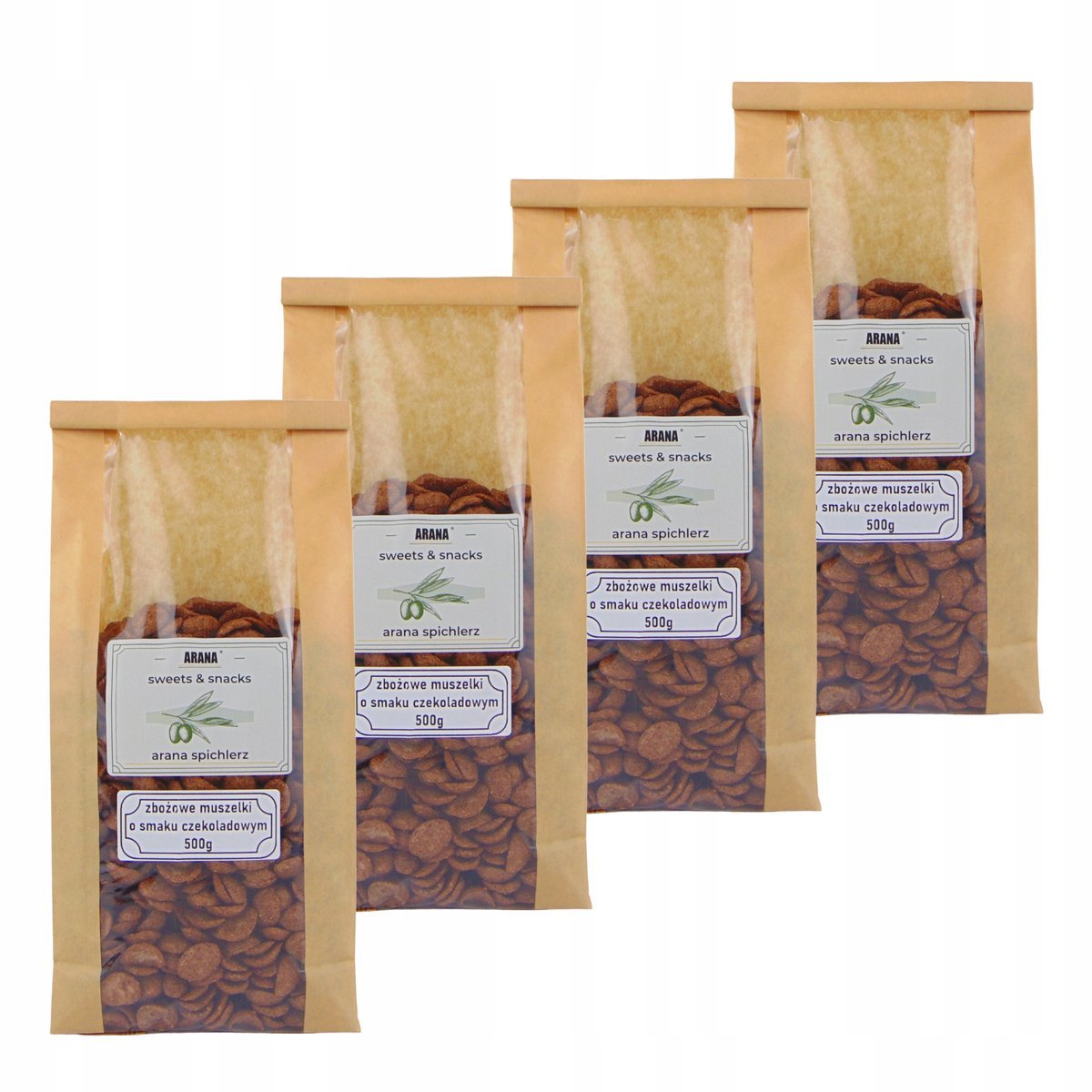 PŁATKI ŚNIADANIOWE 500g muszelki czekoladowe zbożowe x4