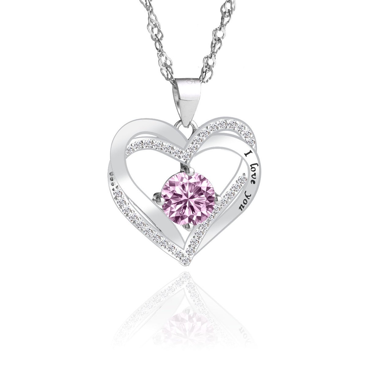 Srebrny naszyjnik serce z różową cyrkonią i napisem 