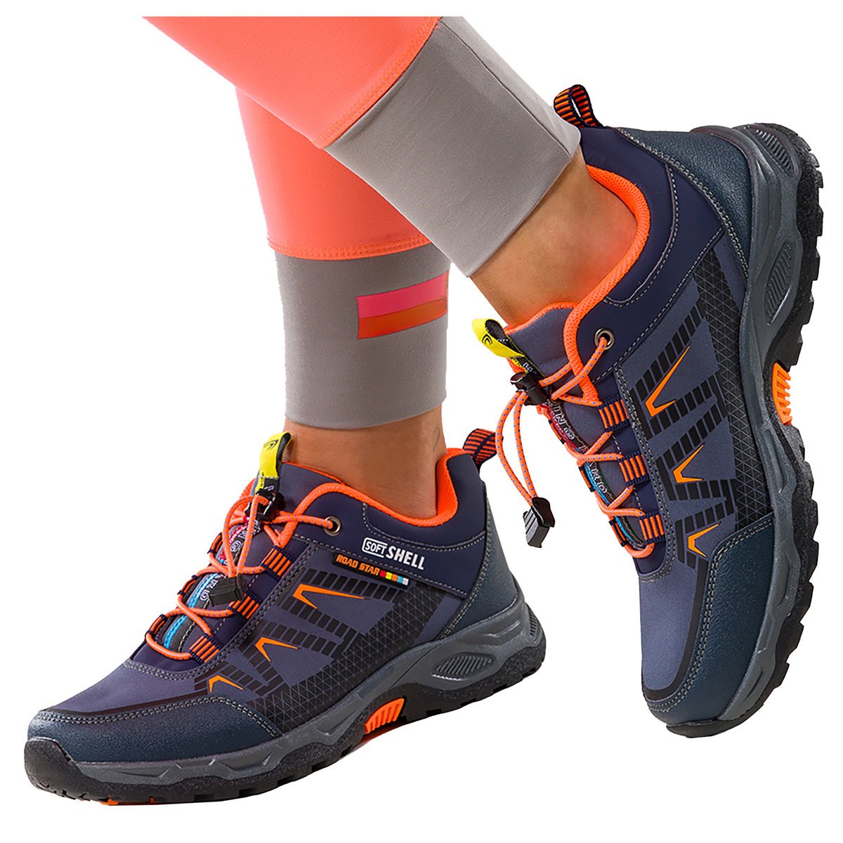 Granatowe buty trekkingowe damskie buty sportowe na bieżnikowanej podeszwie z regulowaną elastyczną sznurówką pomarańczowe wstawki softshell Casu 22..