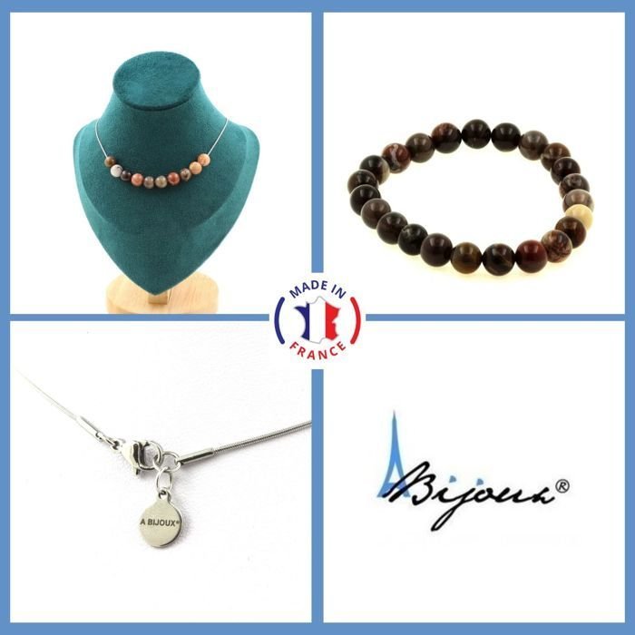 Kamienie i minerały. Zestaw biżuterii Bransoletka Naszyjnik 10 koralików ze skamieniałego drewna 8 mm. Łańcuszek w niestandardowym rozmiarze.