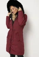 Kurtki damskie - Bordowa Dwustronna Kurtka za Kolano z Kapturem z Futerkiem Zephyro - miniaturka - grafika 1