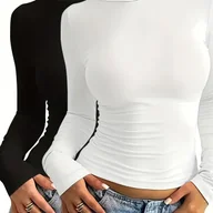 Bluzki damskie - TEMU 2 szt. Eleganckie Damskie Bluzki z Długim Rękawem - Miękkie, Elastyczne Bluzy z Okrągłym Dekoltem, Jednokolorowe Koszule Casual i Półformalne - miniaturka - grafika 1