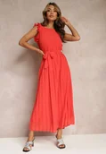 Sukienki - Czerwona Plisowana Sukienka z Wiązanym Paskiem i Falbankami Camita - miniaturka - grafika 1