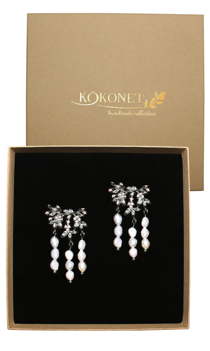 Srebrne kolczyki listki perły SŁODKOWODNE sztyft wiszące eleganckie robione