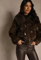 Kurtki damskie - Brązowa Krótka Kurtka Futerko w Panterkę z Oryginalnym Zapięciem Otizana - miniaturka - grafika 1