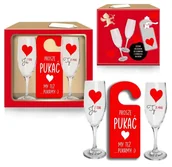 Kieliszki - WALENTYNKI 24 - zestaw 2 kieliszków do szampana i zawieszką na drzwi - Ja z Tobą. Ty ze mną. Proszę pukać...  My też pukamy - miniaturka - grafika 1