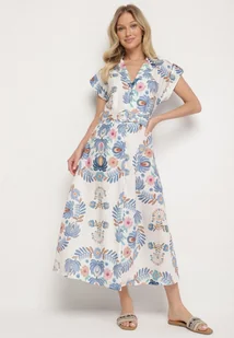 Niebieska Sukienka z Wiskozą o Koszulowym Kroju z Paskiem z Klamrą Nitasiela - Sukienki - miniaturka - grafika 1