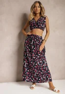 Komplety damskie - Granatowo-Czerwony Komplet Dwuczęściowy Top bez Rękawów Spódnica z Gumką w Talii w Kwiaty Dimanisa - miniaturka - grafika 1