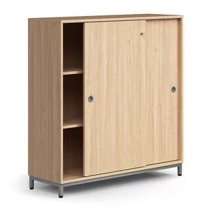 Zamykana szafa przesuwna QBUS, 2 półki, nóżki, uchwyty, 1252x1200x400 mm, srebrny, dąb - Szafy biurowe - miniaturka - grafika 1