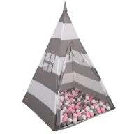 Namioty i tipi dla dzieci - Selonis Namiot tipi NT-200X z piłeczkami 6cm szaro-białe pasy: biały-szary-pudrowy róż 43x43x36/100piłek - miniaturka - grafika 1