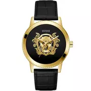 Zegarki męskie - Złoty zegarek męski Guess Monarch z czarnym paskiem i herbem GW0566G1 - miniaturka - grafika 1