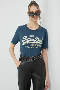 Koszulki sportowe damskie - Superdry t-shirt bawełniany kolor granatowy - grafika 1