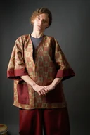 Marynarki i żakiety damskie - Długi żakiet kimonowy bordowo-złoty - miniaturka - grafika 1