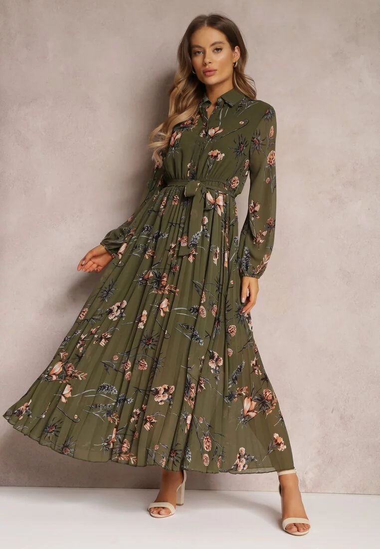 Ciemnozielona Sukienka Plisowana w Kwiaty Emiranda - Ceny i opinie na  