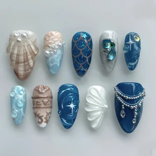 TEMU Pudełko 10 sztuk tradycyjnych paznokci ręcznie robionych, stylowy wygląd plażowy, czysta chęć, skorupa, elegancki safir, tajemniczy symbol, - Sztuczne paznokcie i akcesoria - miniaturka - grafika 1