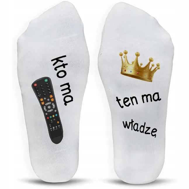 SKARPETKI BAWEŁNIANE BIAŁE 39-45 Na Prezent KTO MA PILOTA MA WŁADZĘ Wzory