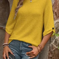 Bluzki damskie - TEMU Stylowa Bluzka Damska z 3/4 Rękawem - Luźny Krój, Okrągły Dekolt, Jednokolorowa z Ozdobnymi Guzikami, Elastyczna Tkanina, Pranie Maszynowe, Na - miniaturka - grafika 1